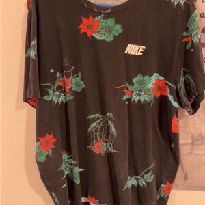 Nike Black Tee with Red and Green Floral Design